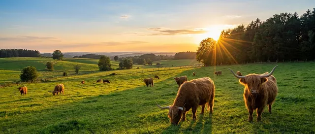 Highland cattle grazing on open pasture at sunset